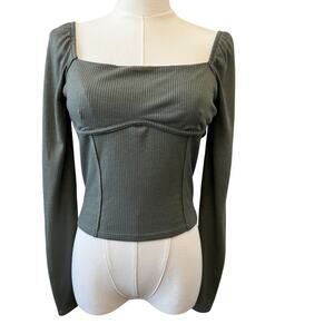 New LUSH NORDSTROM Women's Olive Corset Silhouette Long Sleeve Ribbed Top Size S